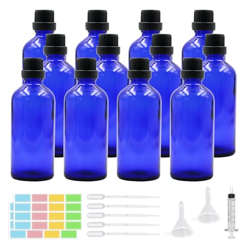 Episkey 12 Stück Blauglasflasche Tropfflasche aus Glas Blau Apothekerflasche Set inkl. kleine Glasflaschen Tropfer Trichter Spritze und Etikett (Blau, 100ml) von Episkey