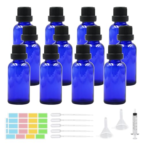 Episkey 12 Stück Blauglasflasche Tropfflasche aus Glas Blau Apothekerflasche Set inkl. kleine Glasflaschen Tropfer Trichter Spritze und Etikett (Blau, 30ml) von Episkey