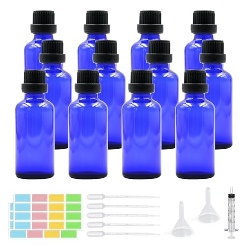Episkey 12 Stück Blauglasflasche Tropfflasche aus Glas Blau Apothekerflasche Set inkl. kleine Glasflaschen Tropfer Trichter Spritze und Etikett (Blau, 50ml) von Episkey
