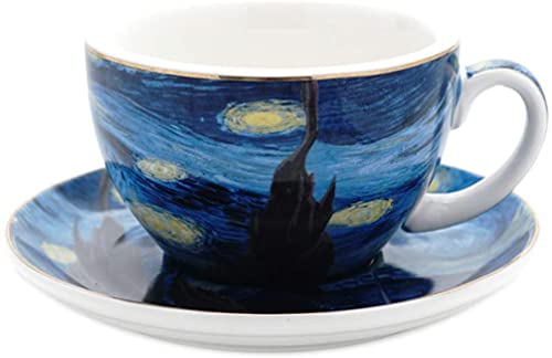 YBK Tech Porzellan-Tassen-Set für Kaffee, Tee, Cappuccino, Latte – Van Gogh Sternennacht, Malen (kurze 280 ml Tasse mit Untertasse) von Eplze