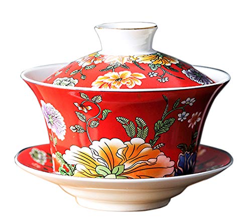 Eplze YBK Tech Große Gaiwan, Porzellan-Kung-Fu-Teetasse und Untertasse mit Deckel, chinesische traditionelle Gaiwan, Sancai-Teeschale, 295 ml, Rot von Eplze