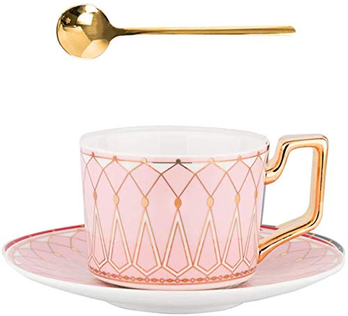 Eplze® Elegantes Keramik-Teetassen- und Untertassen-Set, 237 ml, Kaffeetasse für Nachmittagstee, geometrisches Muster, Rosa von Eplze