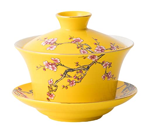 Eplze® Tech Große Gaiwan Teetasse und Untertasse aus Porzellan, Kung Fu mit Deckel, traditionelles chinesisches, Sancai Teeschale, geprägtes Pflaumen-Muster, Gelb von Eplze