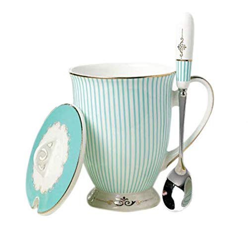 Eplze YBK Tech Euro Style Porzellan Teetasse Kaffeebecher mit Deckel für Frühstück Haus Küche ((Streifen Muster) (Cyan)) von Eplze