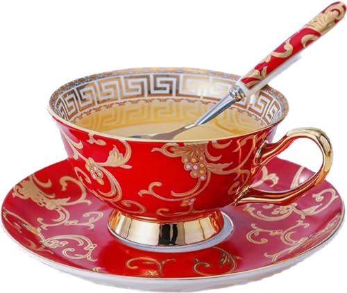 Eplze® YBK Tech Euro Style Tasse und Untertasse, Keramik-Tee-/Kaffeetasse für Zuhause, Küche, Hochzeit (Retro-Blumenmuster, rot) von Eplze