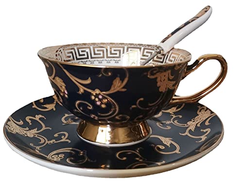 Eplze YBK Tech Kaffeetasse und Untertasse, Euro-Stil, Knochenporzellan, Keramik, für Zuhause, Küche, Hochzeit (Retro-Blumenmuster, Dunkelblau) von Eplze