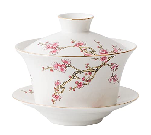 YBK Tech Große Gaiwan Teetasse und Untertasse aus Porzellan, Kung Fu mit Deckel, traditionelles chinesisches Gaiwan, Sancai Teeschale, geprägtes Pflaumenmuster, 284 ml, Weiß von Eplze