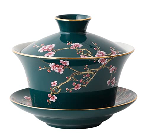 YBK Tech Große Gaiwan-Teetasse und Untertasse aus Porzellan, Kung-Fu-Teetasse und Untertasse mit Deckel, traditionelles chinesisches Gaiwan, Sancai-Teeschale, geprägtes Pflaumenmuster, Grün von Eplze