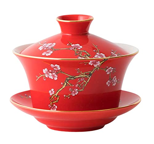 YBK Tech Große Gaiwan Teetasse und Untertasse aus Porzellan, Kung Fu mit Deckel, traditionelles chinesisches Gaiwan, Sancai Teeschale, geprägtes Pflaumenmuster, Rot von Eplze