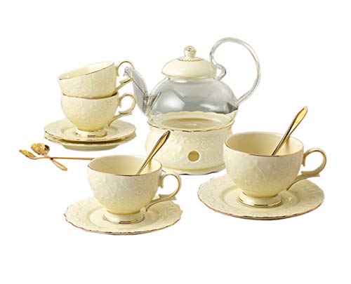 YBK Tech Keramik-Tee-Set für 4 Personen, Glas-Teekanne mit Stövchen, Tasse und Untertasse, geprägtes Rosenmuster von Eplze