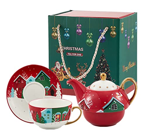 YBK Tech Keramik Tee für ein Set, 354 ml Teekanne, 270 ml Teetasse mit Untertasse, Weihnachtsserie (Häuser) von Eplze