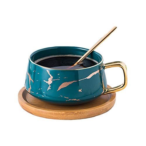 YBK Tech Porzellan Teetasse Kaffeetasse Set für Nachmittagstee - Marmormuster (blau, kurz 300ml + Holz Untertasse) von Eplze