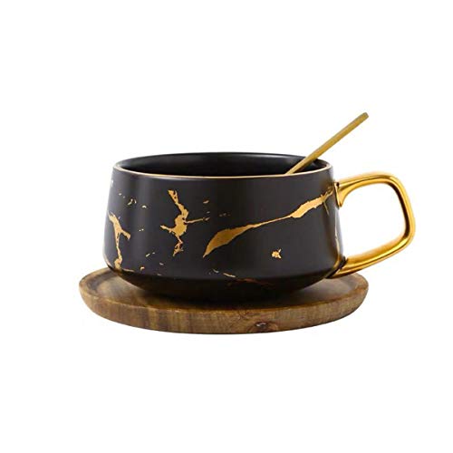 YBK Tech Porzellan Teetasse Kaffeetasse Set für Nachmittagstee - Marmormuster (schwarz, kurz 300ml + Holz Untertasse) von Eplze
