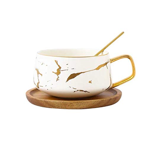 YBK Tech Porzellan Teetasse Kaffeetasse Set für Nachmittagstee - Marmormuster (weiß, kurz 300ml + Holz Untertasse) von Eplze