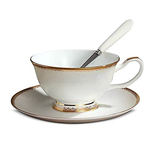 YBK Tech Teetasse und Untertasse aus Knochenporzellan, Teetasse mit goldfarbenen Kanten, für Morgenkaffee, Nachmittagstee, geprägtes Blumenmuster von YBKTEX