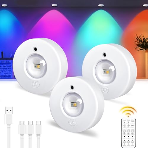 Epochglo Vitrinenbeleuchtung LED Kabellos mit Fernbedienung, RGB Farbwechsel Schrankbeleuchtung Akku Dimmbar LED Spot Batterie Unterbauleuchte Küche USB Aufladbar mit Timer Magnetisch Rund, 3 Pack von Epochglo