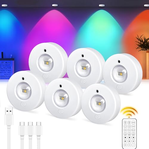 Epochglo Vitrinenbeleuchtung LED Kabellos mit Fernbedienung, RGB Farbwechsel Schrankbeleuchtung Akku Dimmbar LED Spot Batterie Unterbauleuchte Küche USB Aufladbar mit Timer Magnetisch Rund, 6 Pack von Epochglo