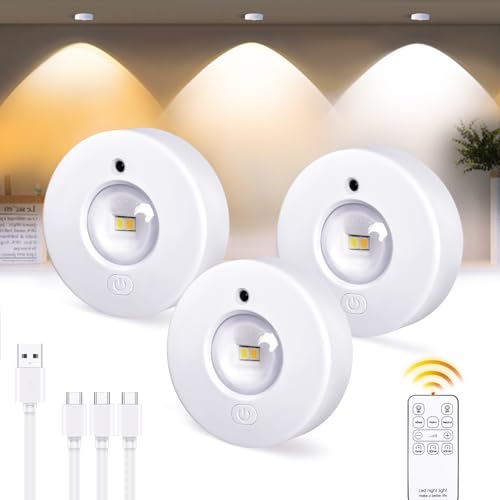 Schrankbeleuchtung USB Aufladbar Vitrinenbeleuchtung LED mit Touch und Fernbedienung, LED Spot Akku Dimmbar Unterbauleuchte Kabellos Rund Indirekte Beleuchtung mit 3 Farbtemperaturen Timer, 3-Pack von Epochglo