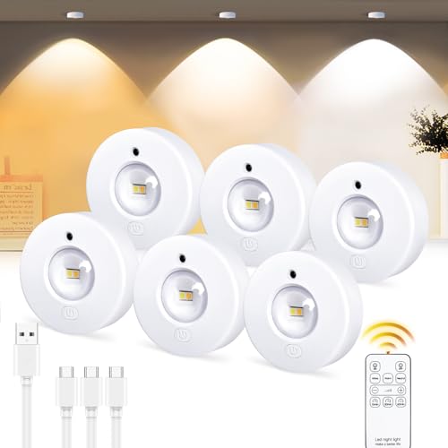 Unterbauleuchte Küche LED Schrankbeleuchtung USB Aufladbar Vitrinenbeleuchtung mit Touch und Fernbedienung, LED Spot Akku Mini Kabellos Dimmbar mit 3 Farbtemperaturen Timer Magnetisch Rund, 6 Pack von Epochglo