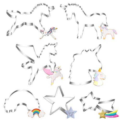 Ausstechformen Einhorn Stern, 7 Stück Weihnachten Pferde Plätzchen Ausstecher Set, Edelstahl Plätzchenausstecher Pferdekopf, Regenbogen Keksausstecher, Pony Cookie Cutter Geschenke für Kinder von Epokus