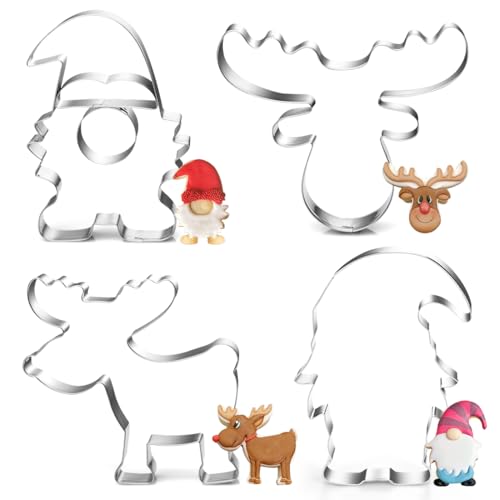 Ausstechformen Weihnachten, Wichtel Weihnachtsmann Plätzchen Ausstecher Set, Edelstahl Plätzchenausstecher Elch, 4 Stück Elchkopf Keksausstecher, Cookie Cutter Geschenke für Backen Fondant Torten von Epokus
