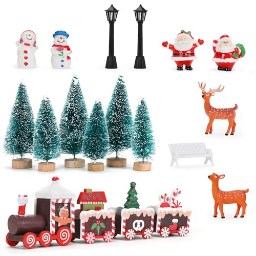 Epokus 16 Stück Mini Figuren Weihnachten, Mini Weihnachtsbaum Weihnachtszug Schneemann Weihnachtsmann, Künstlich Tannenbaum Deko, Miniatur Ornamente Weihnachtsfiguren für Tischdeko DIY Schaufenste von Epokus