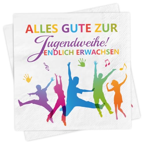 40 Stück Jugendweihe Servietten, Endlich Erwachsen Tischdeko, Alles Gute zur Jugendweihe Partyzubehör, Jugendweihe Papierservietten für Junge Mädchen, Mehrfarbig Bunt, 33x33cm von Epokus