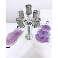 Tischdeko-Set Aus Epoxidharz in Lila | 3-stöckige Etagere Und Schale Handgefertigte Servierdeko Für Mehlspeisen, Desserts Feste von Epoxidharzbymane