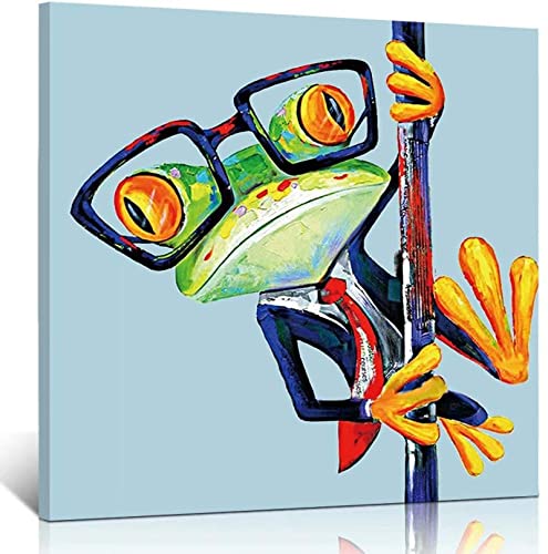 Eppedtul Abstrakter fröhlicher süßer Frosch mit Brille,gedruckt auf Leinwand,gespannt,gerahmt,fertig zum Aufhängen,für moderne Kinderzimmerdekoration (80 x 80 cm/32 x 32 Zoll) Innenrahmen von Eppedtul