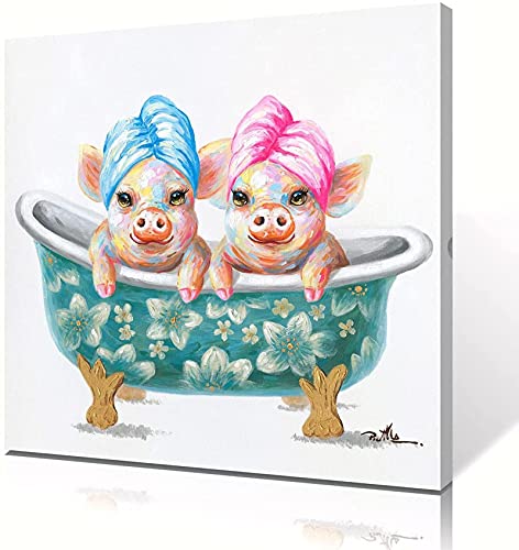 Eppedtul Schönes Schwein auf Leinwand,Wandbild,Piggy Couple in Teal Flower Bathtub Painting Print Cute Animal Poster Mural for Bathroom (30X30cm/12x12inch) Innenrahmen von Eppedtul