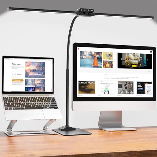EppieBasic 24W Doppelkopf Schreibtischlampe LED Dimmbar mit Metallbasis, 80cm Groß Schreibtischlampe für Homeoffice, Augenschutz Schwanenhals Büro Tischlampe, Monitor Lampe, Tageslichtlampe - Schwarz von EppieBasic