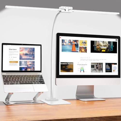 EppieBasic 24W Doppelkopf Schreibtischlampe LED Dimmbar mit Metallbasis, 80cm Groß Schreibtischlampe für Homeoffice, Augenschutz Schwanenhals Büro Tischlampe, Monitor Lampe, Tageslichtlampe - Weiß von EppieBasic