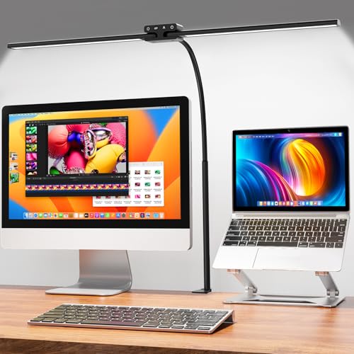 EppieBasic 24W Doppelkopf Schreibtischlampe LED Dimmbar, 80cm Groß Schreibtischlampe Klemmbar mit Touch, Augenschutz Schwanenhals Büro Tischlampe, Monitor Lampe, Arbeitsplatzleuchte, Timer - Schwarz von EppieBasic