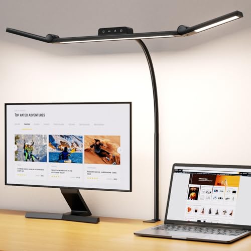 EppieBasic Schreibtischlampe LED Klemmbar,24W 3-Lampenköpfe Dimmbar für Homeoffice, 1200LM Augenschutz Schwanenhals Büro Tischlampe,Monitor Lampe Schwarz 4 Farbtemperatur-Helligkeitsstufen 30Min Timer von EppieBasic
