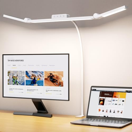 EppieBasic Schreibtischlampe LED Klemmbar,24W 3-Lampenköpfe Dimmbar für Homeoffice, 1200LM Augenschutz Schwanenhals Büro Tischlampe,Monitor Lampe Weiß 4 Farbtemperatur-Helligkeitsstufen 30Min Timer von EppieBasic