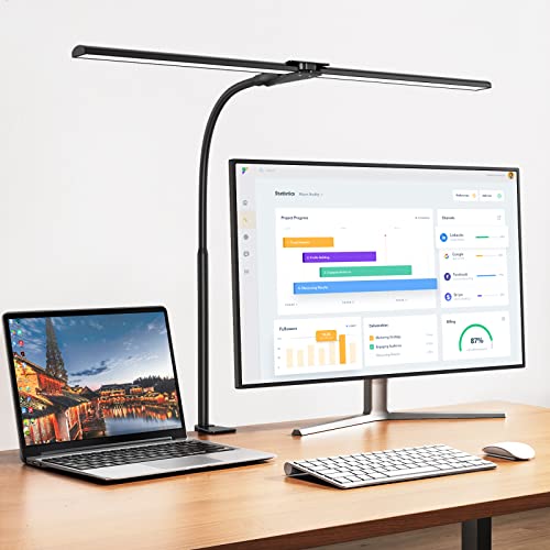 Schreibtischlampe LED Dimmbar, 1200 Lumen Doppelkopf Klemmbar für Homeoffice, Augenschutz Schwanenhals Büro Tischlampe, Monitor Lampe Schwarz mit 5 Farbtemperatur-Helligkeitsstufen von EppieBasic