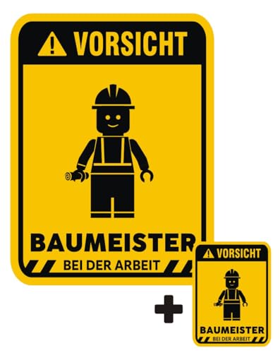 EppoBrand 2x "Vorsicht Baumeister Bei Der Arbeit" Lustiger Vinyl Aufkleber Kinderzimmer Tür Wand Möbel Warn Schild 17x13cm & 7x5cm für Lego Spielzimmer von EppoBrand