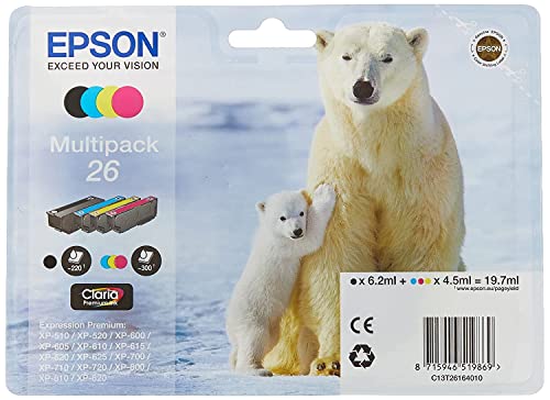 Epson 26 Original Tinte Eisbär (XP-600 XP-700 XP-800 XP-510 XP-710 XP-615 XP-610 XP-810 XP-720 XP-820 XP-520 XP-620 XP-625) Multipack 4-farbig Multipack 4-Colours 26 Claria Premium Ink Standard von Epson