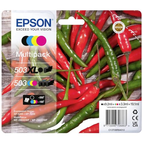 Epson Original 503 Tinte Chili Multipack 4-farbig schwarz XL, CMY Standard, XP-5200 XP-5205 WF-2960DWF WF-2965DWF, ReadyPrint Flex-Tintentarife von Epson