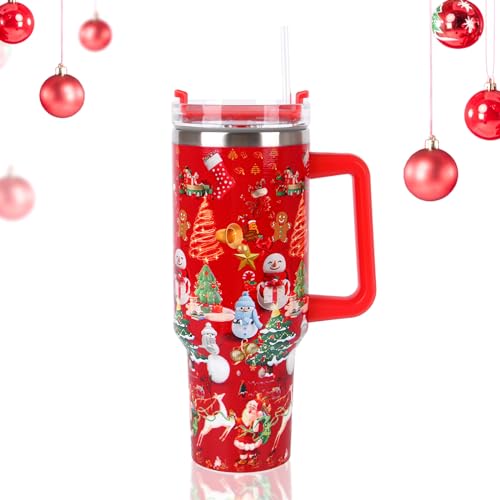 Christmas Stanley Cup Isolierter Becher mit Strohhalm-Deckel und Griff, 1,2 l, festlicher, roter doppelwandiger Reisebecher aus Edelstahl, für heiße und kalte Getränke (A) von Epunk