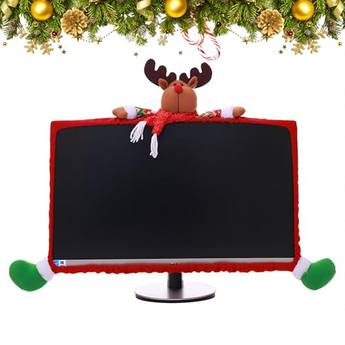 Elastische Computer-Monitorabdeckung für Weihnachten, Weihnachtsmann, Schneemann und Rentier, handgefertigter Stoff für 19-27-Zoll-Bildschirme, Büro-Weihnachtsdekoration, Geschenk (Weihnachtselch) von Epunk