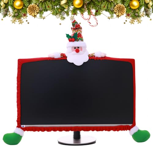 Elastische Computer-Monitorabdeckung für Weihnachten, Weihnachtsmann, Schneemann und Rentier, handgefertigter Stoff für 19-27-Zoll-Bildschirme, Büro-Weihnachtsdekoration, Geschenk (Weihnachtsmann) von Epunk