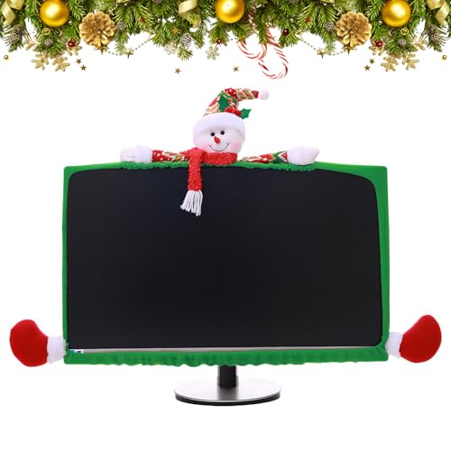 Elastische Computer-Monitorabdeckung für Weihnachten, Weihnachtsmann, Schneemann und Rentier, handgefertigter Stoff für 19-27-Zoll-Bildschirme, Büro-Weihnachtsdekoration, Geschenk von Epunk