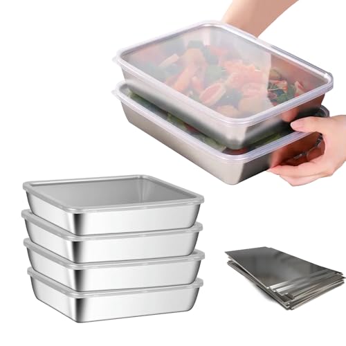 Epunk Lebensmittelbehälter-Set aus 304 Edelstahl mit Deckel, luftdicht, 25,5 x 20 x 5 cm, spülmaschinenfest, für Mahlzeitenvorbereitung, Kühlschrankaufbewahrung (BPA-frei), 4-teilig von Epunk
