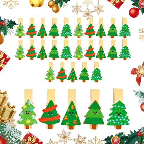 Weihnachtsklammern aus Holz mit Schnur, 3,5 cm, Mini-Kartenhalter zum Aufhängen, festliche Baum-Fotoklammern für Wanddekoration, Kinderzimmer und Geschenke, 30 Stück von Epunk