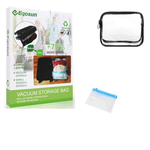 Eqosun® DAS Vielflieger und Reise Set| Premium Reise Vakuumbeutel & 1l transparenter Handgepäck Beutel [10 + 1 teilig] |4 Größen von Eqosun