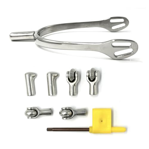 ES1045 ErgoSpur Edelstahl Wechselkopf-Sporen 4-in-1 mit Dornsporen, Tropfenform, UFO-Radsporen und Soft Touch Ballsporen Reitsporen Reiten Sporen Spur hochwertiger Edelstahl (L 30 mm - Damen) von Equine Smile