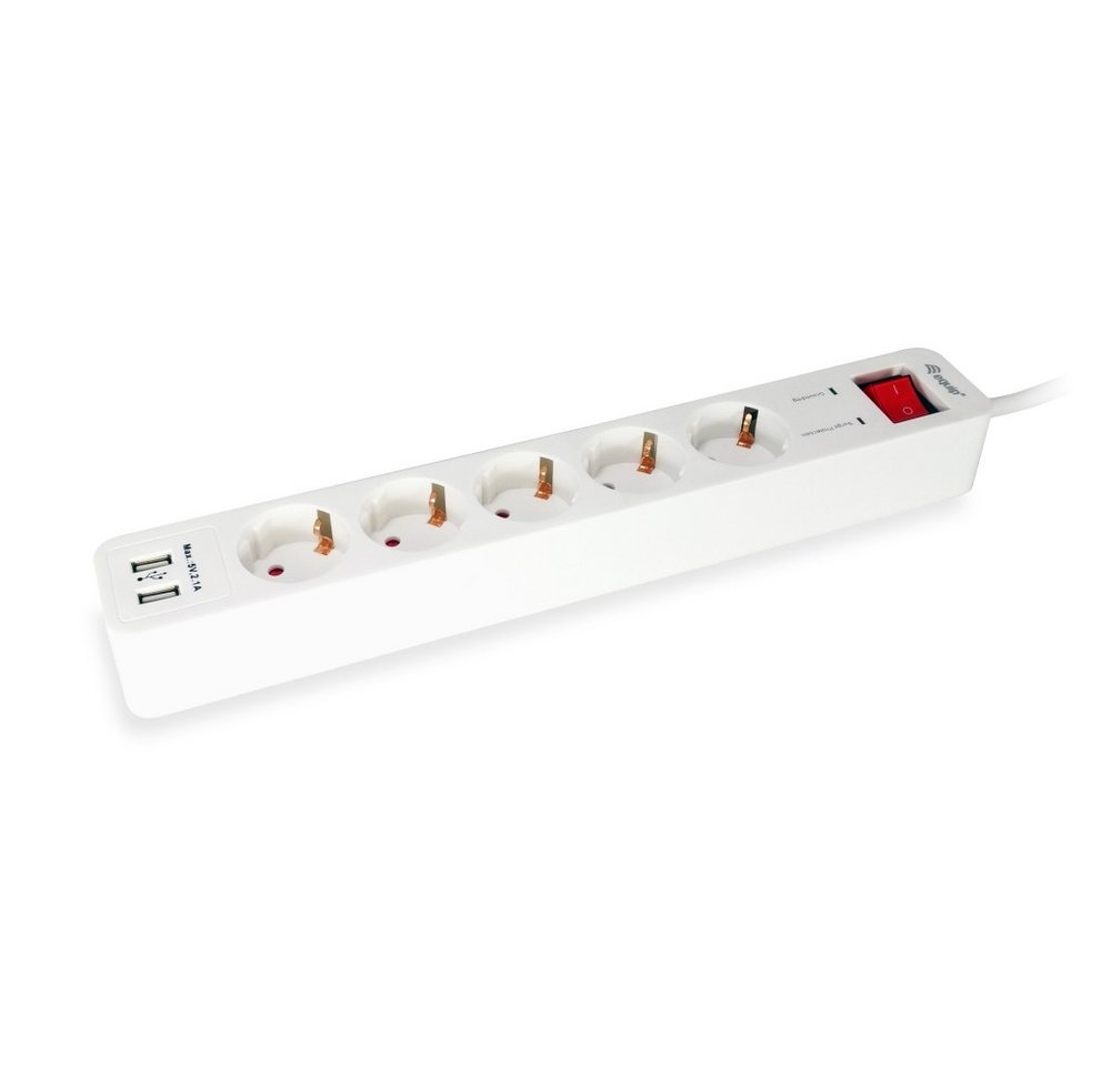 Equip 5-fach Verteiler mit Schalter & 2-fach USB-Lader Schuko Mehrfachsteckdose (5-fach Verteiler mit Schalter, Integrierter 2-fach USB-Lader, Robustes Kunststoffgehäuse, Überlastschutz), 5-fach Verteiler mit Schalter und 2-fach USB-Lader von Equip