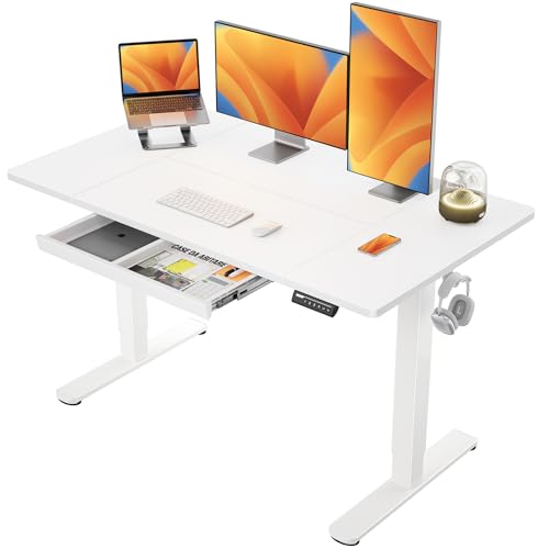 ErGear Höhenverstellbarer Schreibtisch 140 x 80 cm, Elektrischer Schreibtisch Höhenverstellbar mit Schublade & 4 Speicher-Smartpanel, T-Fuß Design für Stabilität, Tischplatte in Mehreren Abschnitten von ErGear