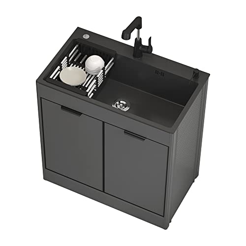ErWaad Schwarzes, freistehendes Einzelbecken-Waschbecken, gewerbliches Restaurant, Küchenspüle, Badezimmer-Waschtisch mit Waschbecken, kombiniertes Wandschrank-Set, Waschbecken mit doppelten Ablage von ErWaad
